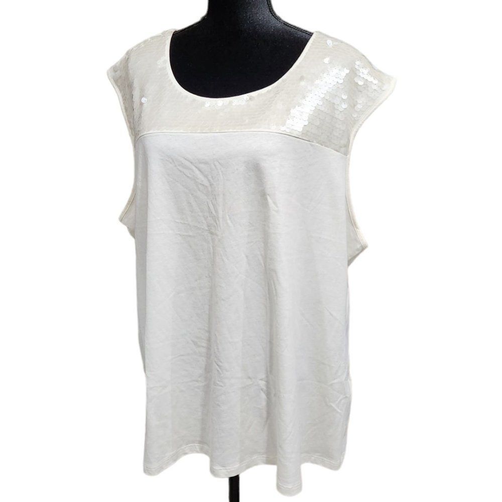 Dana Buchman Womens Ivory Sequin Top Sleeveless Spread Collar Tank 3X